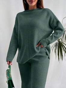 EURMUSE 2pcs Women's Solid Color Long Sleeve Casual Sweater And Pants Set - Mint Green - View 3