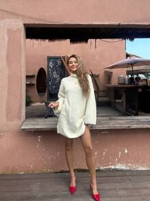Chiquease Loose High Collar Oversized Chunky Knitted Sweater Dress Fall Cloth For Women - Beige - View 1