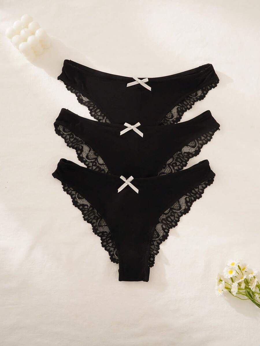 3 件装女士蕾丝边蝴蝶结装饰低腰内裤 - 黑色 - 查看 1