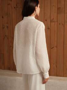 Anewsta Embellished Lace Panel Ruffle Hem Pearl Bead Embroidered Voile Blouse Women Shirt