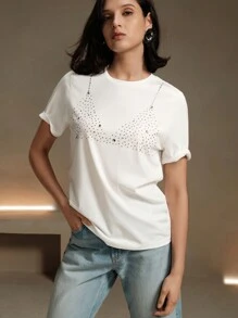 Anewsta Women's Summer Rhinestone Printed Casual Crew Neck Short Sleeve T-Shirt - White - View 4