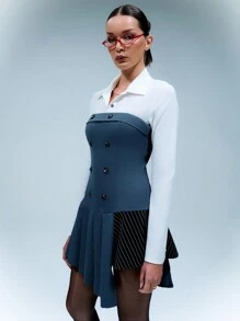 SHEIN Unity 正面纽扣条纹拼接不对称褶饰芭铎式连衣裙 - 灰色 - 查看 6