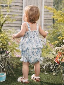 Baby Girls' Beach Holiday Style Floral Printed Shirred Cami Tank Top And Triangle Briefs Set For Summer