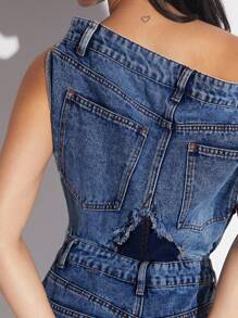 Denimoi Stacked Wide Leg Denim Jumpsuit - Dark Wash - View 5