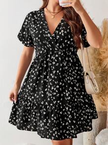 SHEIN LUNE Váy ngắn chấm bi cổ chữ V cỡ lớn & họa tiết hoa nhỏ - màu đen - Xem 6