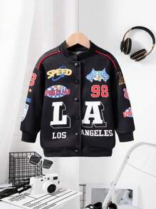 SHEIN Young Girls Autumn/Winter Printed Casual Biker Jacket, Long Sleeve Outerwear