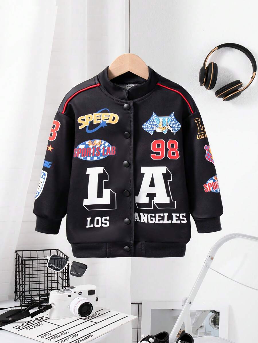 SHEIN Young Girls Autumn/Winter Printed Casual Biker Jacket, Long Sleeve Outerwear