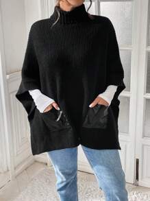 SHEIN Essnce 女士大码羊毛斗篷、套头衫、高领羊毛上衣、冬季女装、毛衣秋季毛衣 - 黑色 - 查看 3