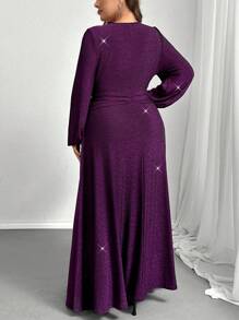 SHEIN Privé Vestido morado de manga larga fluido y holgado con giro romántico, elástico y metálico elegante y de lujo para fiestas y eventos de talla grande para mujer - Morado - Ver 2
