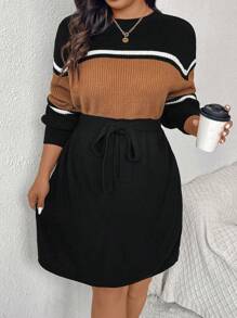 SHEIN Frenchy Váy len kẻ sọc cổ tròn tay dài thoải mái thời trang cỡ lớn cho mùa thu/đông - màu đen - Xem 2