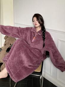 DAZY Minimalist Half-Zip Flannel Thick Housedress,Thermal Lined Fall,Winter - Purple - View 10