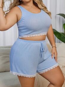 大码蕾丝拼布睡衣睡衣套装 - 淺藍色 - 查看 5