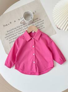 SHEIN Baby Girl Lovely Versatile Pink Collared Long Sleeve Shirt, Autumn/Winter - Hot Pink - View 6