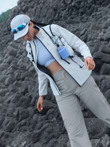 In My Nature 女士字母印花口袋直筒宽松休闲户外裤 - 灰色 - 查看 5