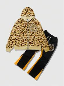 ROMWE MEN Street Life 2pcs Men's Printed Sweatshirt And Sweatpants Set, Suitable For Spring And Summer - Khaki - View 1