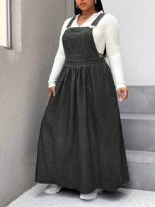 SHEIN EZwear Plus Size Casual Denim Dress With Button-Down, Gathered Waist & Pockets - Black - View 3