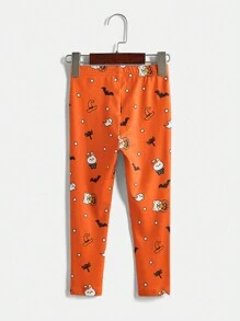 2 件套小女孩熊和南瓜图案长袖上衣和全身印花紧身裤万圣节服装