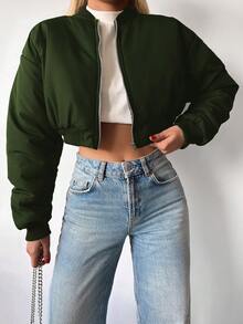 EURMUSE 女性純色落肩拉鍊短夾克 - 綠色 - 查看 5