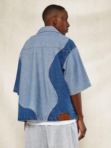 SUMWON Boxy Fit Short Sleeve Two Tone Curvy Denim Shirt - Blue - View 2