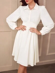 Vintamour Eleganckie damskie ubrania biurowe w stylu vintage, dopasowana koszula z kołnierzykiem, biała sukienka koszulowa z długim rękawem, letnia/jesienna sukienka dla gości weselnych, sukienki na powitanie, eleganckie sukienki midi dla kobiet, renesansowy jarmark, sukienka na Święto Dziękczynienia, ubrania dla kobiet biznesowych, sukienka na przyjęcie herbaciane, sukienka do kolan, koreańska moda, stare pieniądze, biznesowy casual dla kobiet