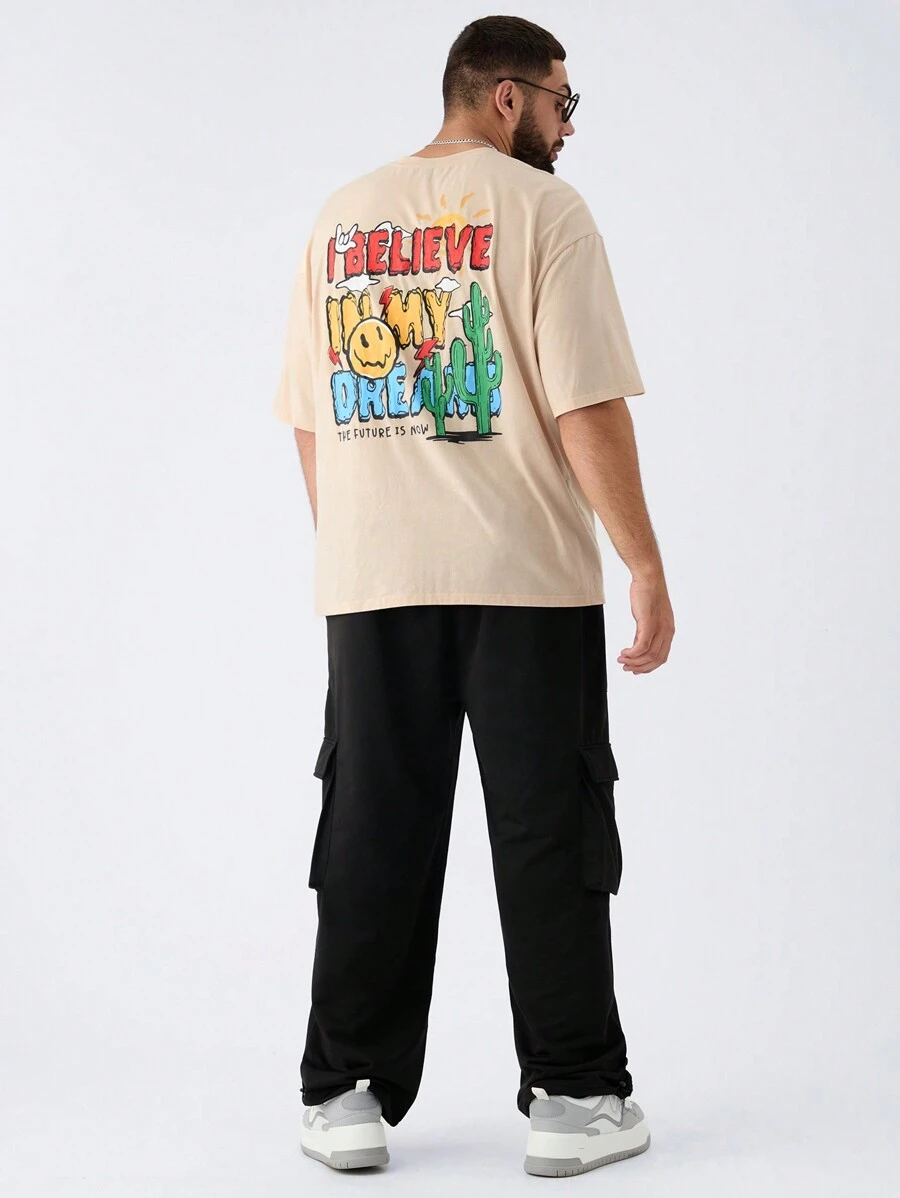 Manfinity VCAY 大码男士休闲笑脸印花宽松落肩圆领短袖 T 恤，适合夏季日常穿着 - 卡其色 - 查看 1