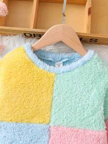 SHEIN Chaqueta estilo teddy de bloques de color con hombros caídos para niña joven, sudaderas, imprescindible para chica cool, versátil, ideal para uso casual y diario, y para la escuela en otoño e invierno