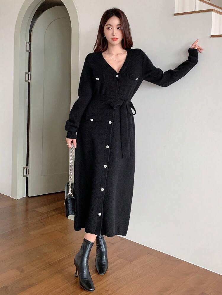 Women's V-Neck Wrap Fitted Long Sleeve Patchwork Sweater Dress, Autumn/Winter