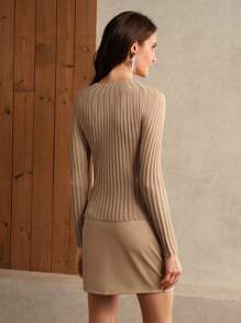 Anewsta Top de malha canelada com gola redonda e manga comprida feminino com decoração cravejada, suéter básico elegante para outono/inverno