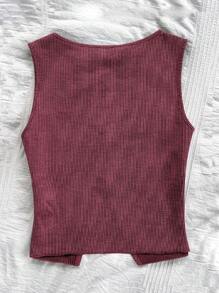 Soleia Áo ba lỗ họa tiết sọc retro jacquard giản dị cho nữ đi nghỉ mát có đường xẻ phía trước và giữa, trang trí nơ - Gỗ đỏ - Xem 2