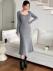 DAZY Women's Solid Color Sweater Dress With Ruffle Hem, Long Sleeve, Elegant Fitted, For Autumn & Winter,Fall Women Clothes - Grey - View 8