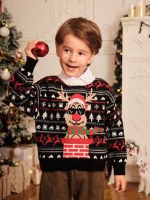 SHEIN 少年用カートゥーン ストリート調 クリスマスジャカード柄 ニットセーター。旅行や秋冬に最適な、温かく快適な一着。クリスマスシーズンに特にぴったりで、ほっと温かい雰囲気を演出できます。 - ブラック - チェックする 1