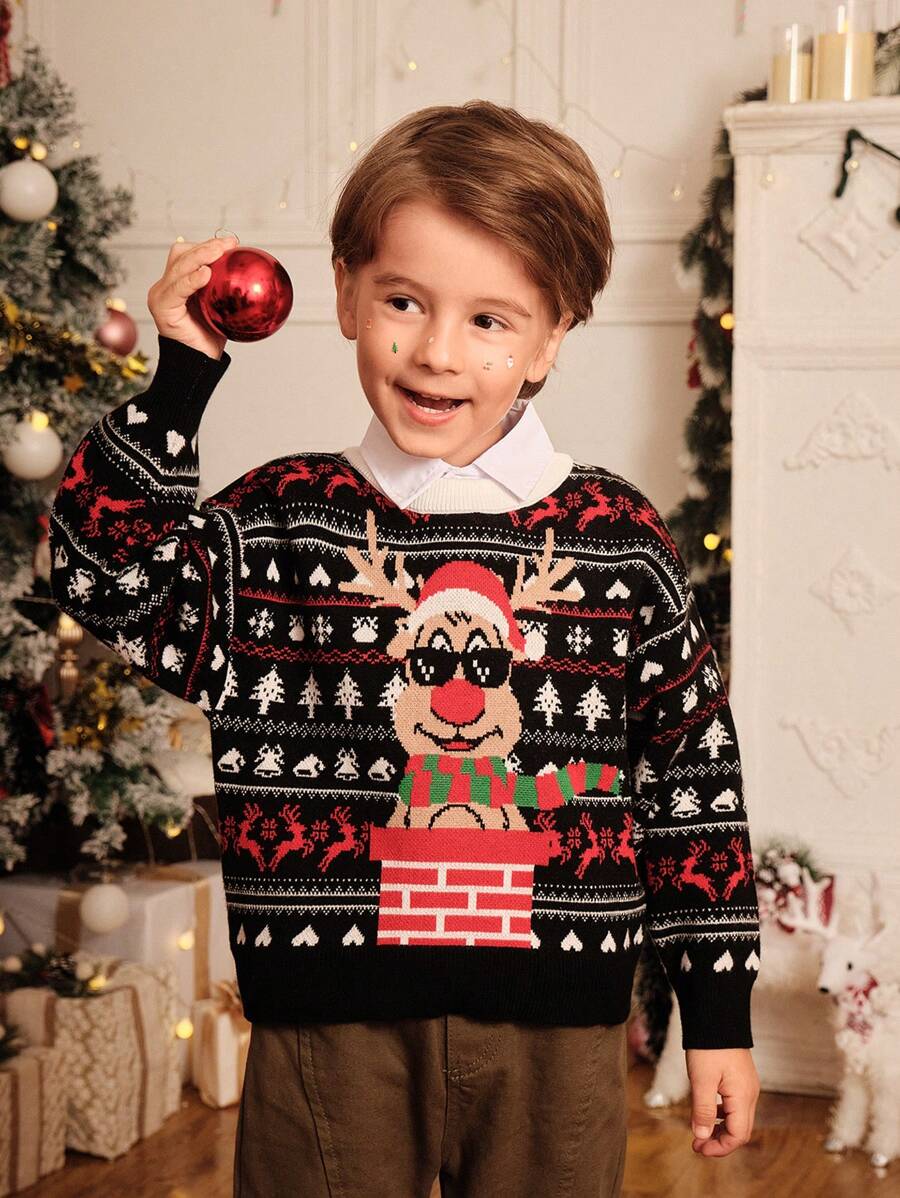 SHEIN 少年用カートゥーン ストリート調 クリスマスジャカード柄 ニットセーター。旅行や秋冬に最適な、温かく快適な一着。クリスマスシーズンに特にぴったりで、ほっと温かい雰囲気を演出できます。 - ブラック - チェックする 1