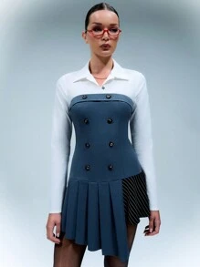 SHEIN Unity 正面纽扣条纹拼接不对称褶饰芭铎式连衣裙 - 灰色 - 查看 4