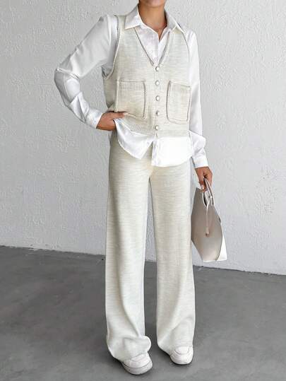 EURMUSE 2pcs Women's Loose Fit V-Neck Pocketed Knit Vest And Wide-Leg Knit Pants Set, Autumn Winter
