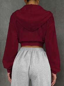 SHEIN Unity V-Neck Full Zip Long Sleeve Solid Color Casual Cropped Hoodie Sweatshirt For Women - Burgundy - View 2