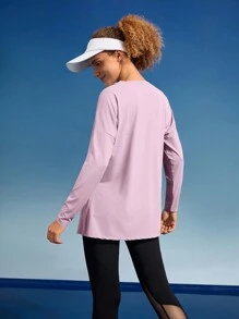 In My Nature Women's Round Neck Long Sleeve Printed Casual Outdoor T-Shirt With Slit Plain T Shirt Hiking Women Clothes - Pink - View 9