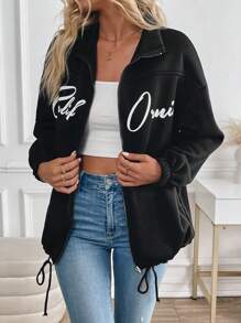 SHEIN LUNE Women's Long Sleeve Fashionable Street-Style Zip-Up Letter Print Hoodie Fall Sweatshirt - Black - View 6