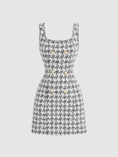 SHEIN MOD 女士复古多色针织迷你连衣裙，秋季休闲装，黑色迷你连衣裙