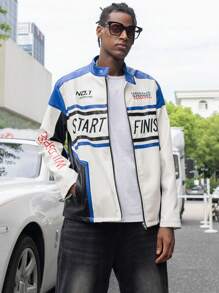 Manfinity Roghcode Chaqueta de cuero PU con bloqueo de color y bordado de letras de moda para hombre en otoño - Azul - Ver 4