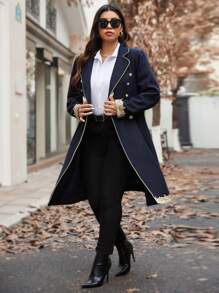 SHEIN Unity 大码翻领长袖纽扣式时尚前开迷人优雅针织黑色外套，适合冬季 - 黑色 - 查看 5