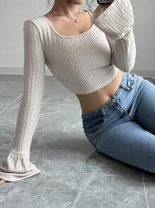 Calvaya Camiseta de mangas acampanadas con bajo vivo y unicolor para mujer, primavera y verano