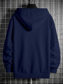 Manfinity Homme Men's Casual Letter Print Drawstring Hooded Sweatshirt With Thermal Lined , Autumn/Winter, Long Sleeve Top - Navy Blue - View 2