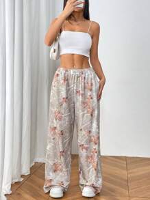 Chiquease Quần dài ống rộng in họa tiết lá thường ngày cho nữ - Xám - Xem 5