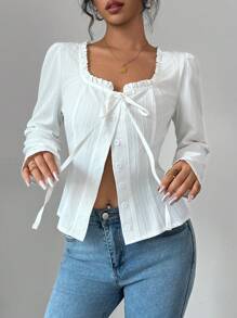 Elenzga 女士纯色荷叶边下摆长袖前系带休闲衬衫 - 白色 - 查看 3