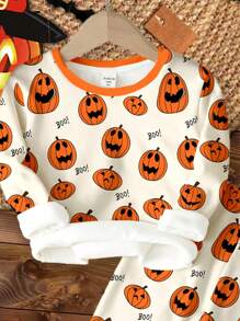 SHEIN Halloween Home, Pumpkins, Bats, Spiders, Boo Yeah, Young Boy Casual Minimalist Thermal Lined Snug Fit Long Sleeve Crew Neck Pants Pajama Set, Suitable For Autumn/Winter - Multicolor - View 3