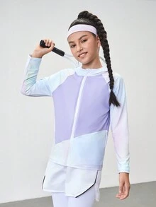 SHEIN Áo khoác thể thao dài tay ôm dáng, nhuộm tie-dye dành cho bé gái tuổi teen, thích hợp cho yoga, leo núi, cắm trại, chạy bộ và tập luyện. - Màu tím - Xem 3