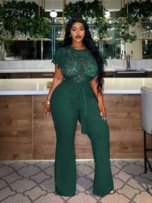 Slaydiva 大码优雅蕾丝拼布连体裤，夏季