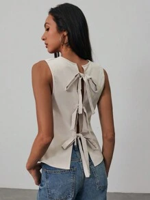 Aloruh 女士无袖露背系带设计休闲时尚衬衫 - 杏色 - 查看 4