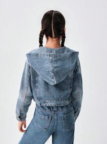 SHEIN Tween Girls Casual Loose Fit Hooded Washed Denim Jacket, Versatile Spring & Autumn Design - Medium Wash - View 2