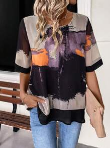 SHEIN LUNE Women's Summer Round Neck Tie-Dye Printed Loose Casual Blouse - Black - View 1